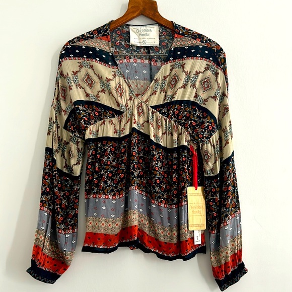 California Moonrise Tops - California Moonrise Blue Cream Patchwork Style Long Sleeved Boho Top